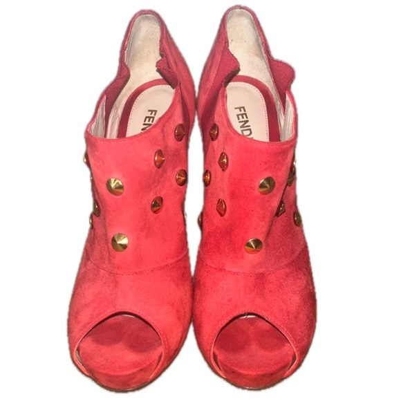 FENDI Red Studded Suede Platform Ankle heels boots, Size 36 US 5.5 - Picture 4 of 13